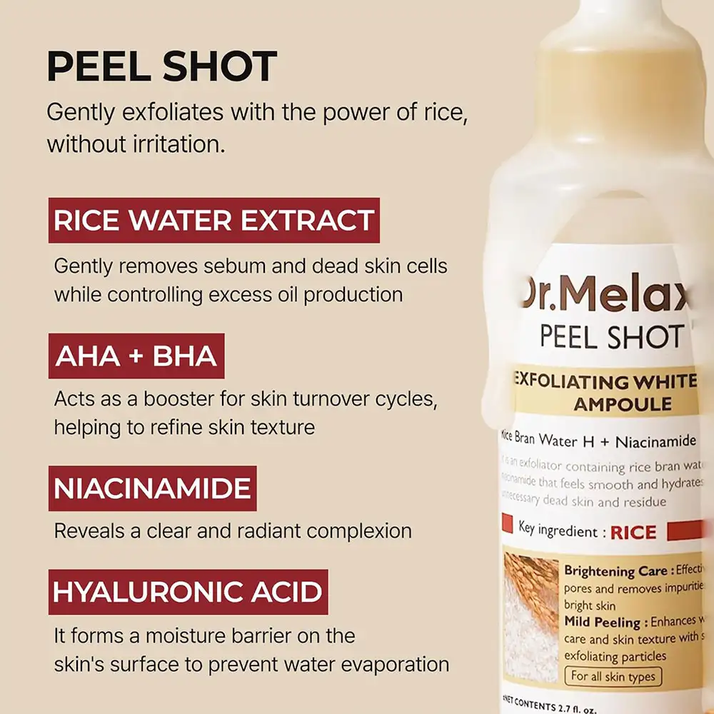آمپول پیل شات برنج دکتر ملاکسین | لایه بردار و روشن کننده پوست Dr.Melaxin Peel Shot Glow White Rice Peeling Ampoule