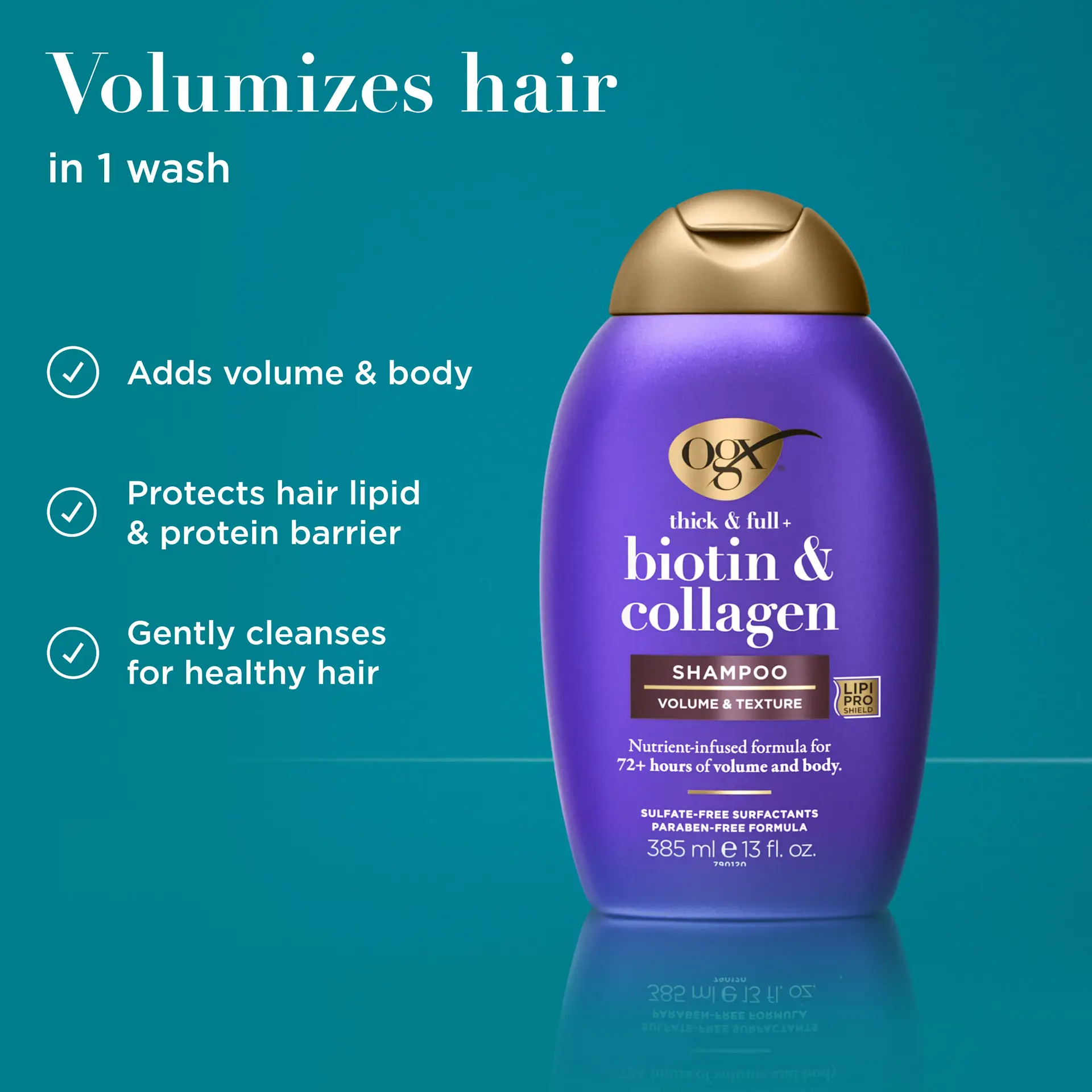 شامپو ضخیم‌کننده و حجم‌دهنده بیوتین و کلاژن او جی ایکس OGX Thick and Full Biotin and Collagen Volumizing Shampoo