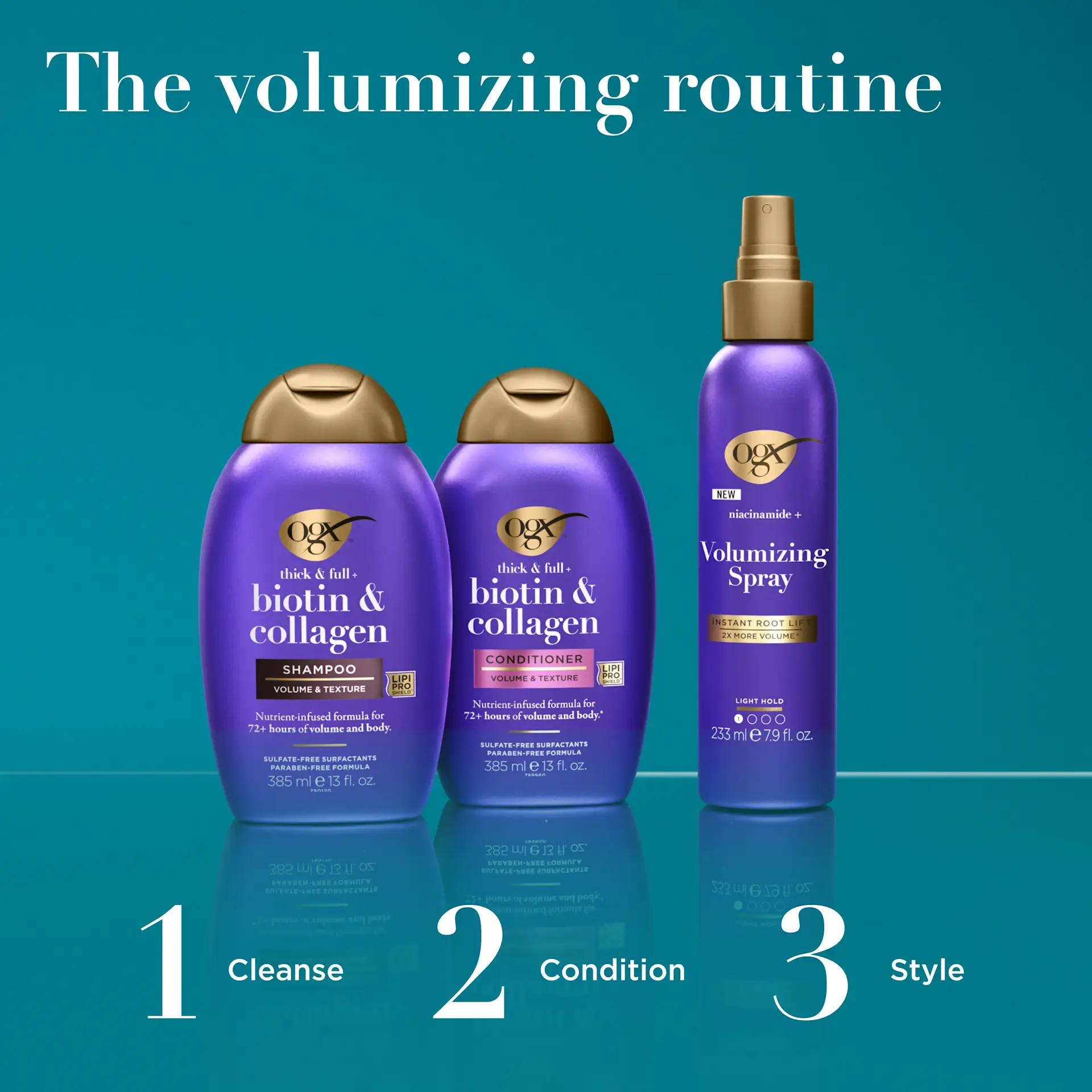 شامپو ضخیم‌کننده و حجم‌دهنده بیوتین و کلاژن او جی ایکس OGX Thick and Full Biotin and Collagen Volumizing Shampoo