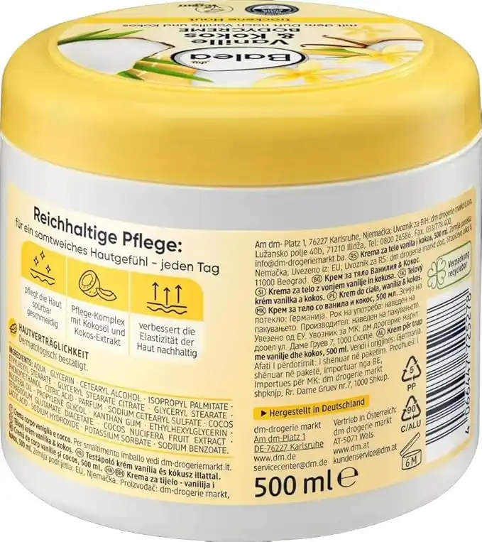 کرم بدن نارگیل و وانیل باله آ Balea Vanille & Kokos تغذیه عمیق پوست خشک، 500 میلی‌لیتر