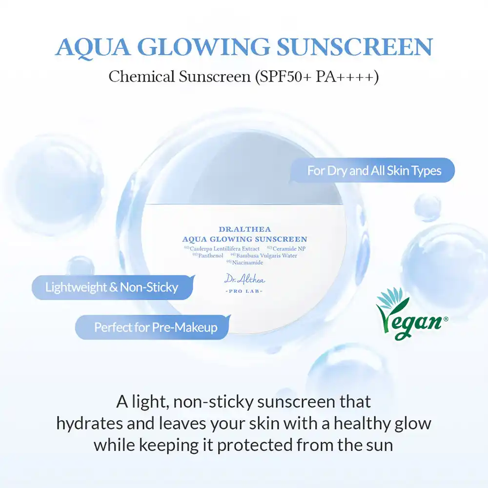 ضدآفتاب آبرسان دکترآلتیا Dr.Althea Aqua Glowing SPF50 | روشن کننده و آبرسانی عمیق پوست