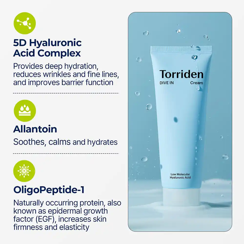 کرم آبرسان هیالورونیک اسید توریدن Torriden DIVE IN Soothing Cream | کنترل منافظ و درخشان کننده پوست