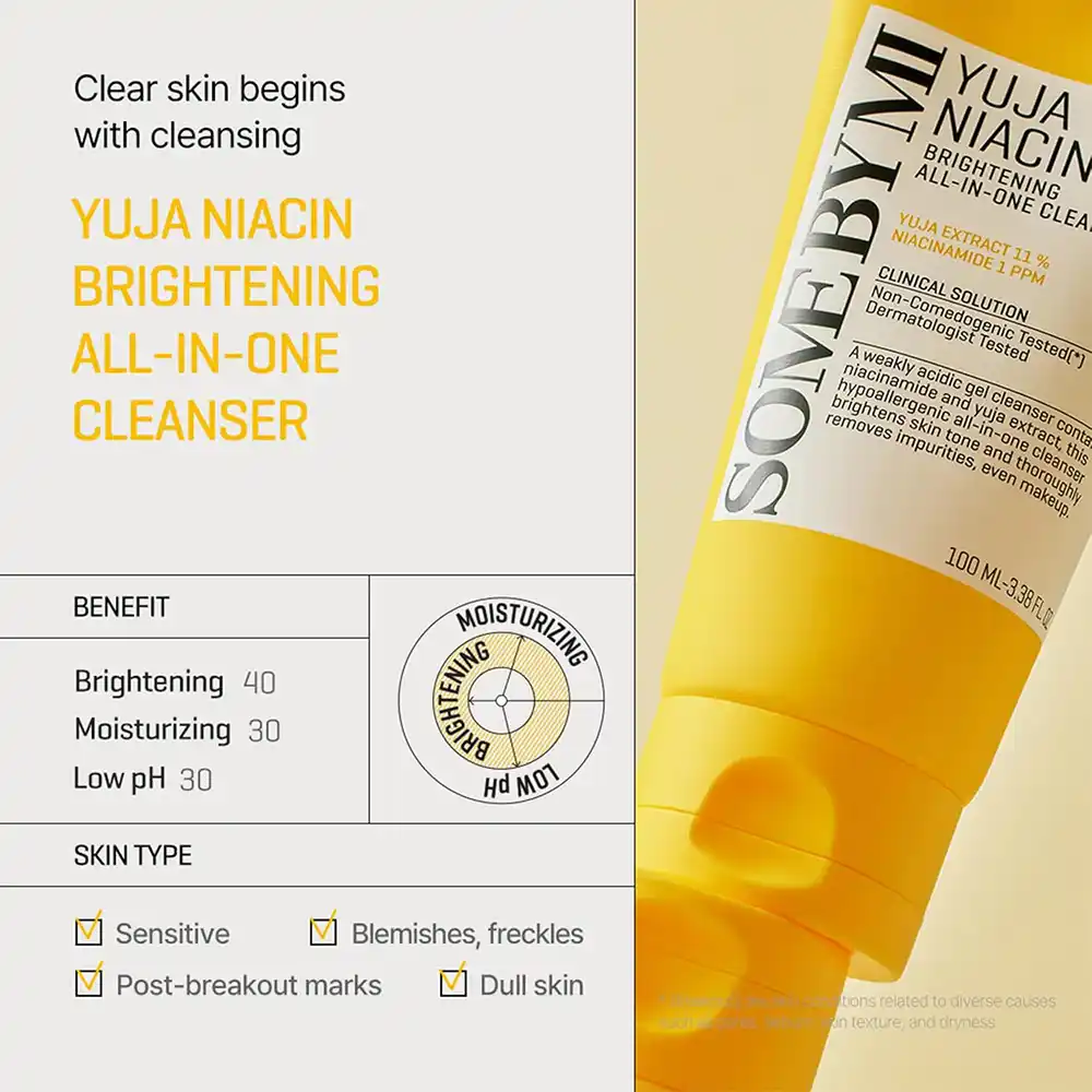 ژل شستشوی روشن کننده یوجا نیاسین سام بای می SOME BY MI Yuja Niacin Brightening All in One Cleanser 100ml | ضد لک و روشن‌کننده پوست