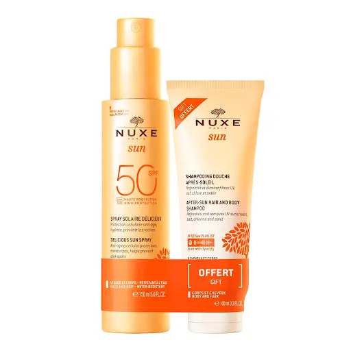 پک دو قلو اسپری ضد آفتاب صورت و بدن SPF50 و شامپو سر و بدن افترسان نوکس