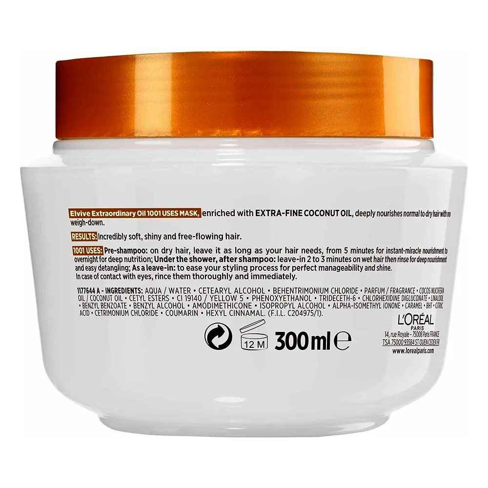 ماسک موی لورال حاوی عصاره نارگیل برای موهای نرمال تا خشک L’Oréal Elvive Coconut Hair Mask 300ml